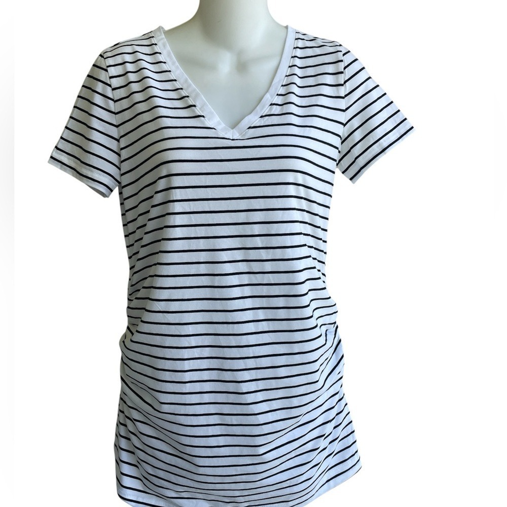 Love by GAP Maternity T-shirt Top White Black Striped V-neck Short Sleeve Small